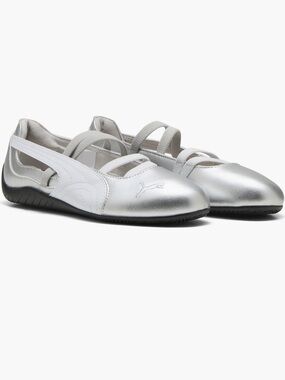 Puma Silver and White Ballet Flats with Elastic Straps